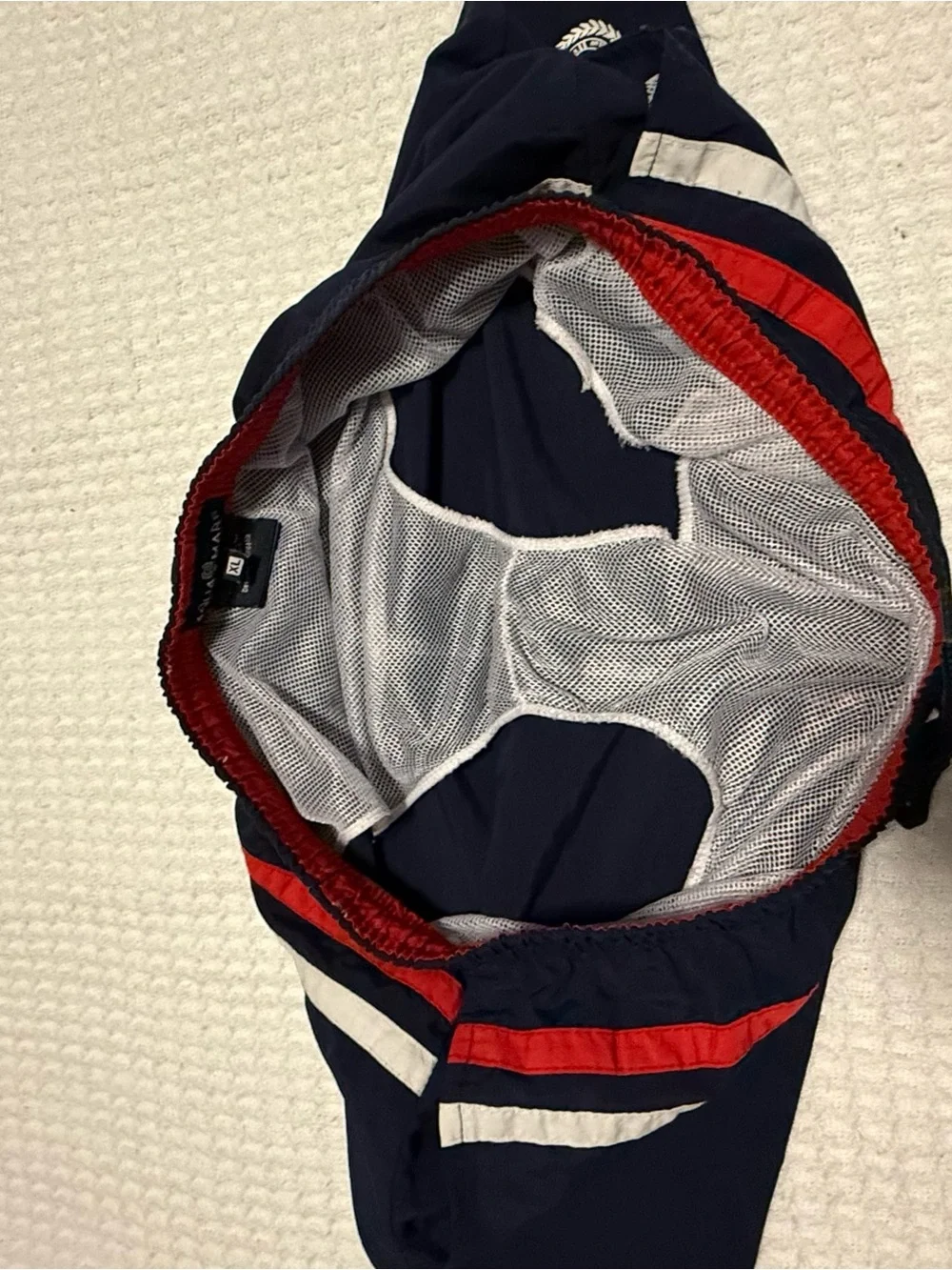 Aqua Mare Men’s Navy Swim Trunks XL Red White Stripe Mesh Lined Shorts